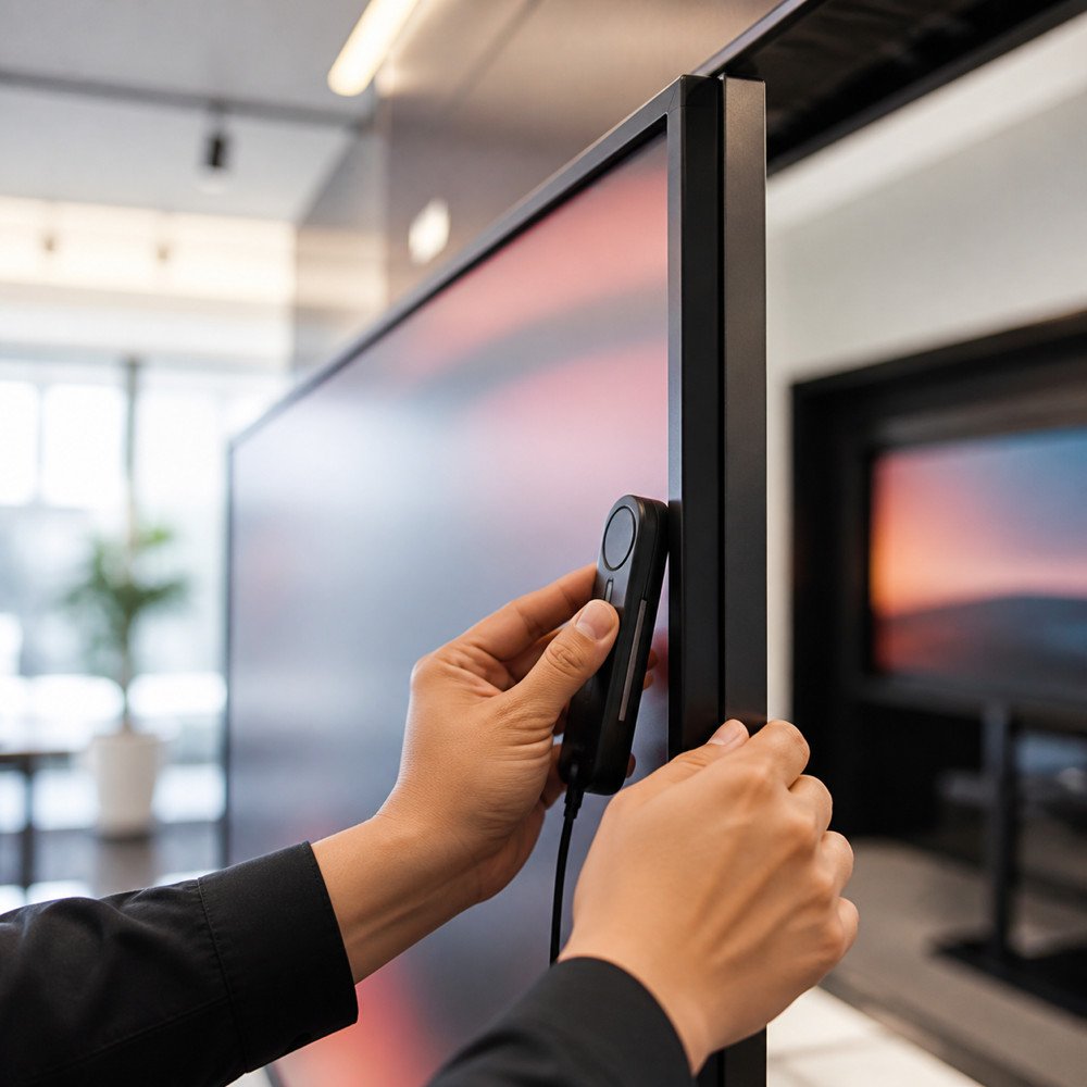 Display specialist calibrating professional AV equipment