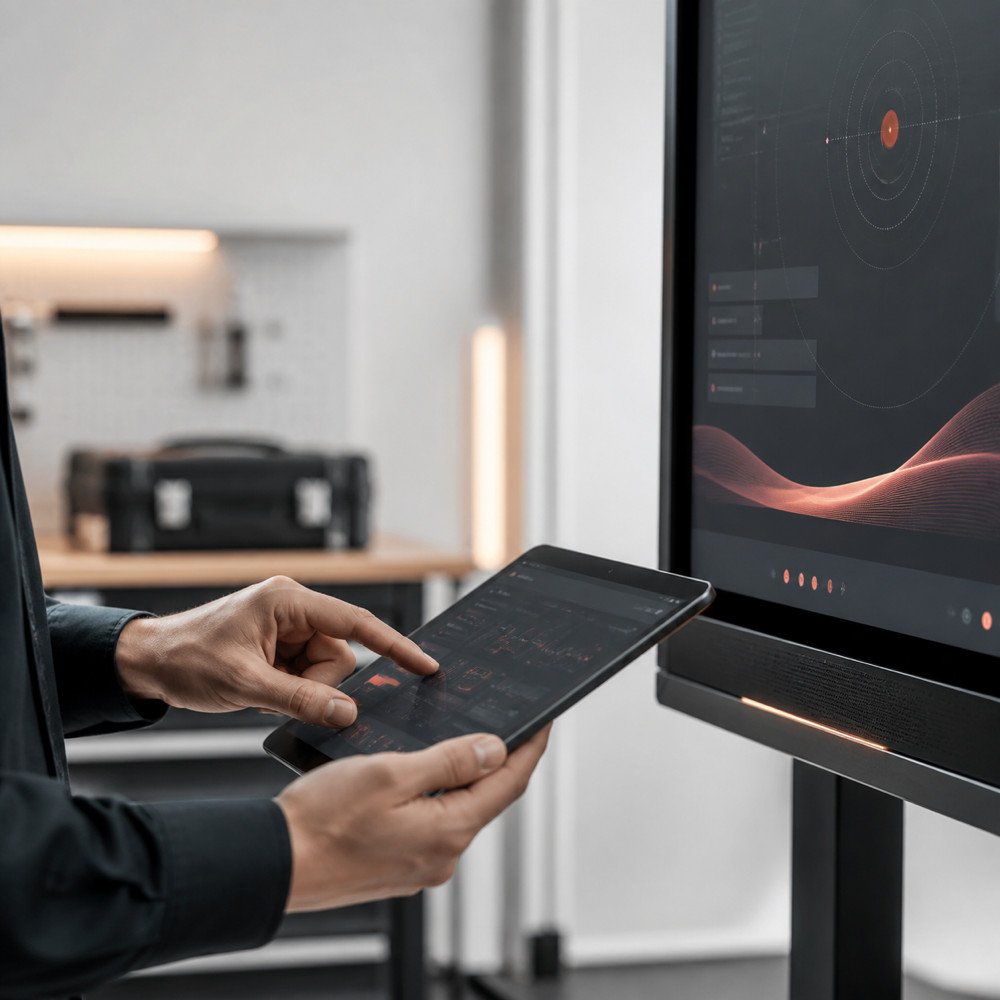 Technician diagnosing a professional display system